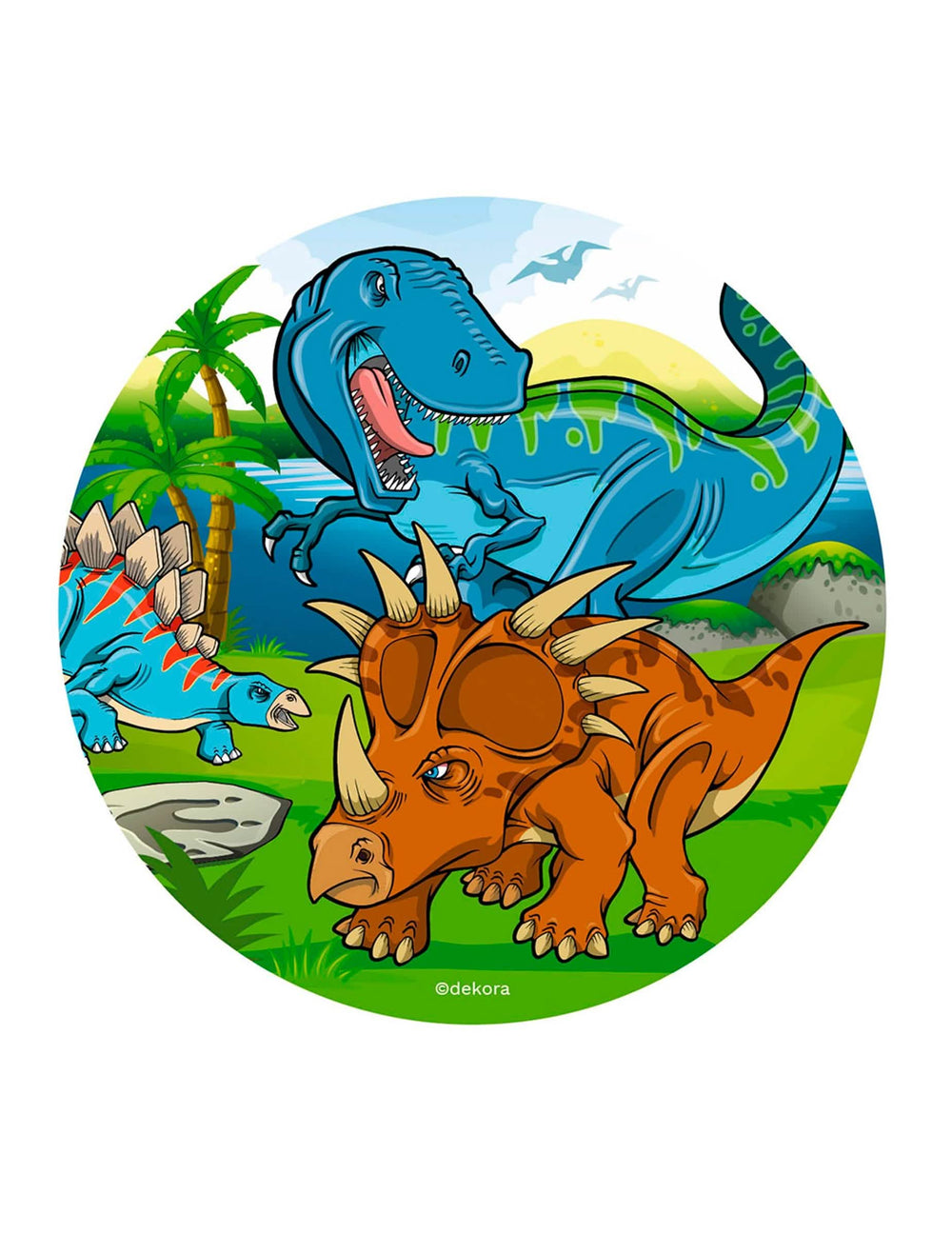 Disque en azyme dinosaures pour gâteau bleu et orange avec T-Rex