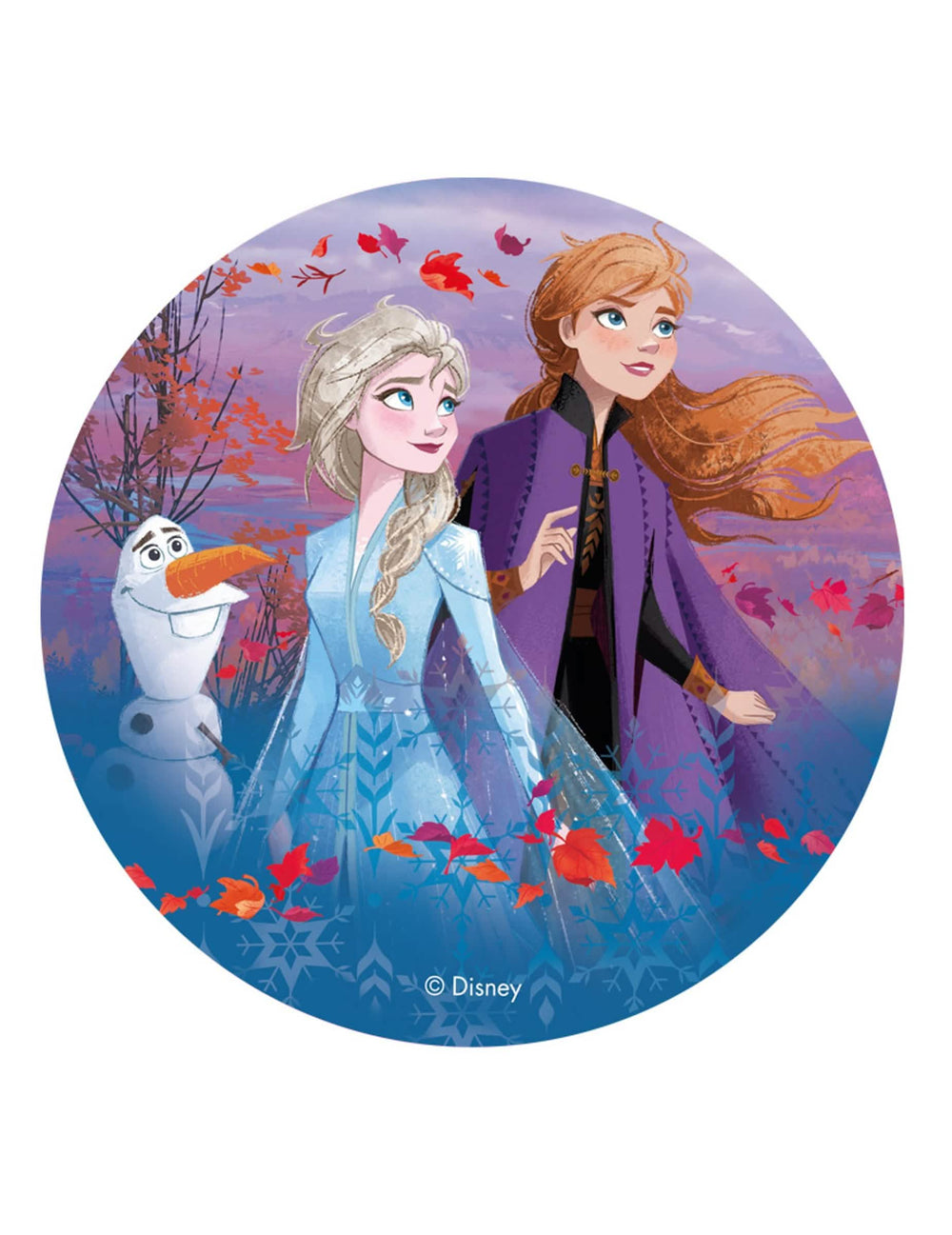 Disco de oblea Frozen 2 Anna Elsa y Olaf para tarta azul y violeta