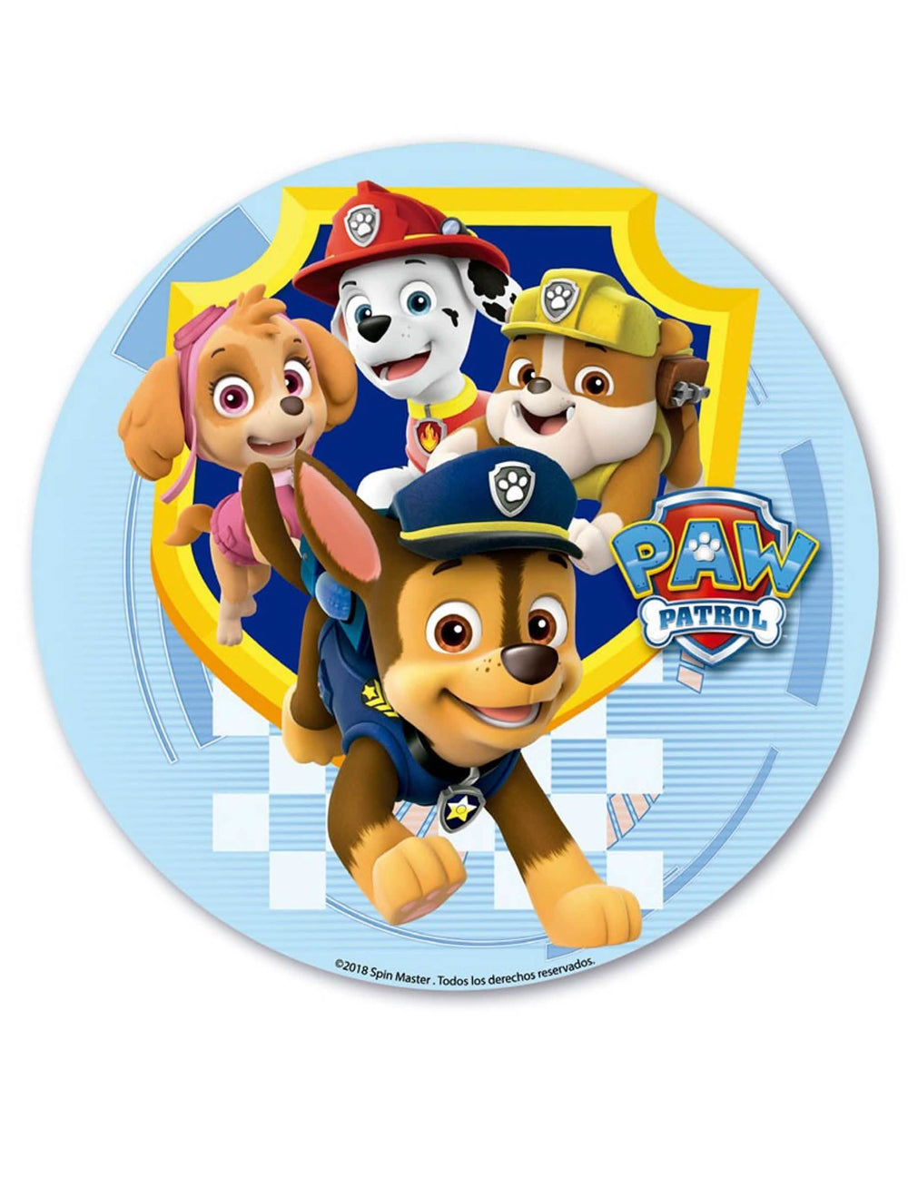 Disco de azúcar Pat'Patrouille para tarta azul cielo con Chase, Marshall, Skye y Rubble