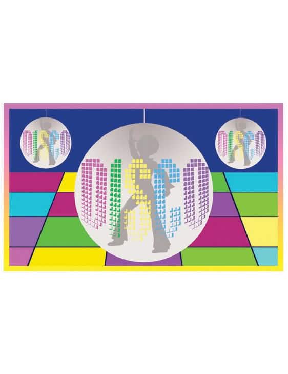 Bandera disco para fiesta multicolor con bolas de espejos y siluetas de bailarines