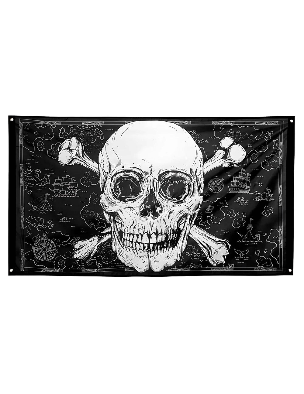 Bandera Pirata Jolly Roger para decoración blanco y negro con motivo de mapa del tesoro