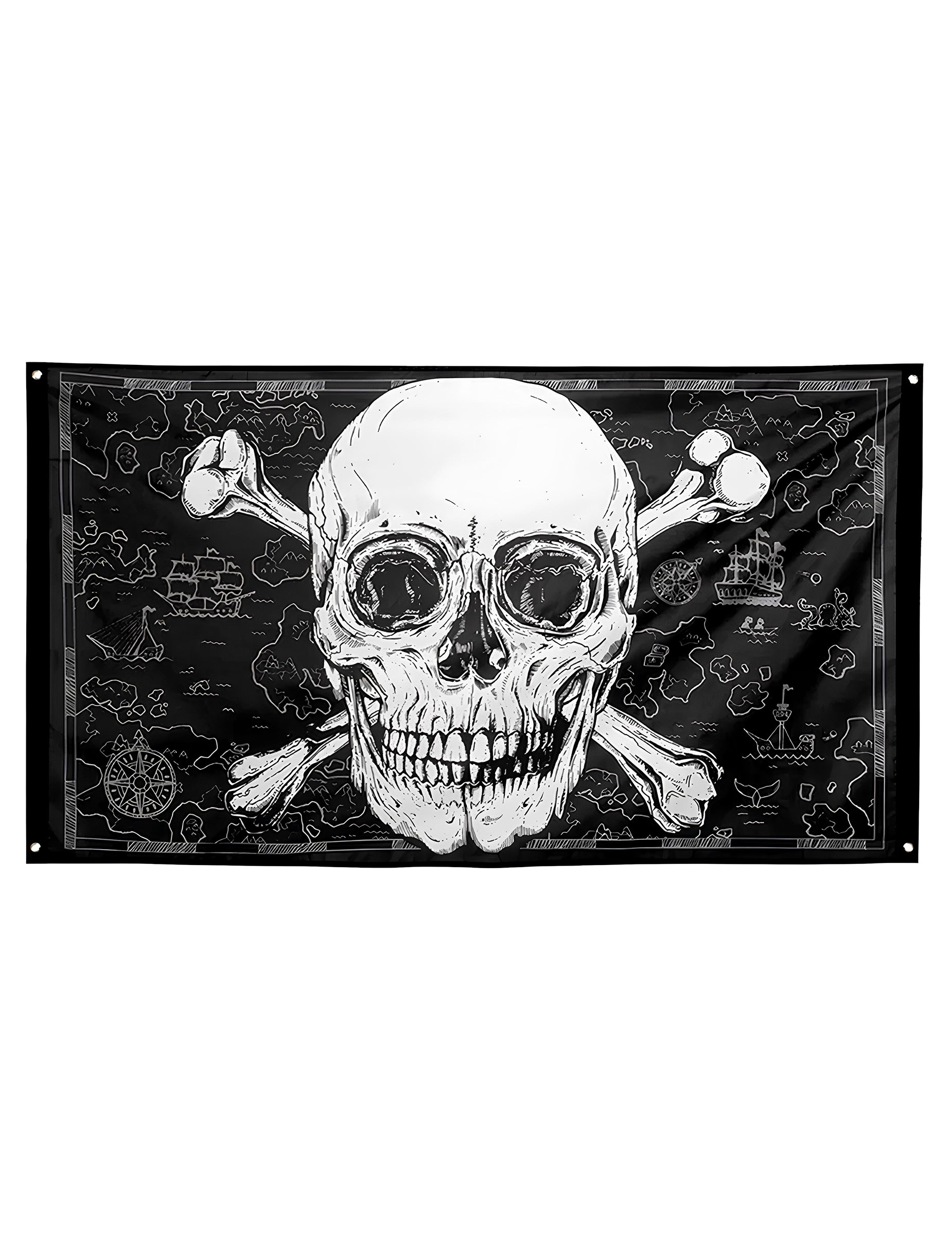 Drapeau Pirate Jolly Roger pour décoration noir et blanc avec motif carte au trésor