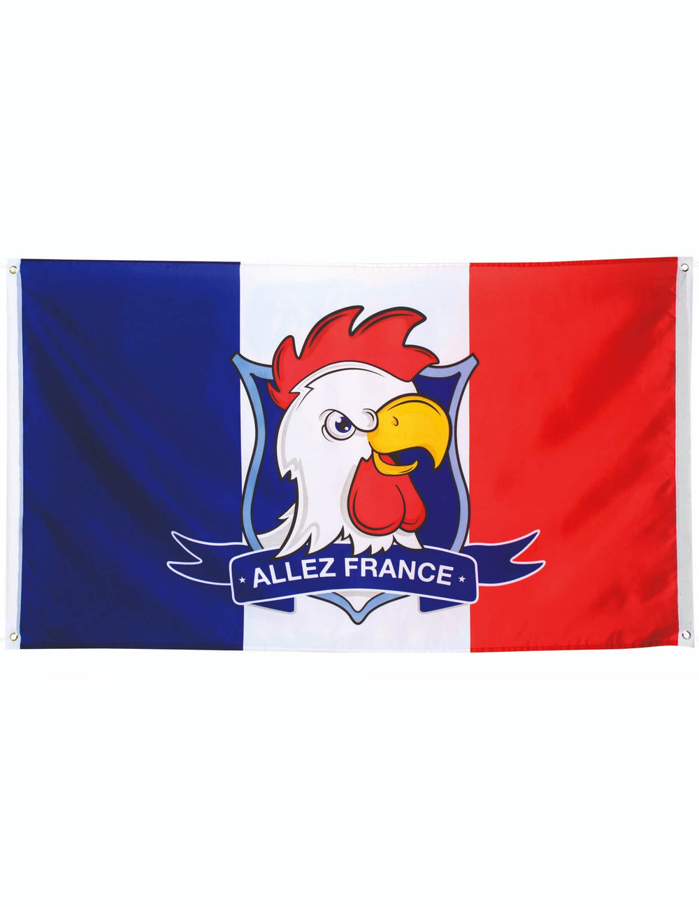 Drapeau supporter Allez France pour adulte bleu blanc rouge avec logo coq