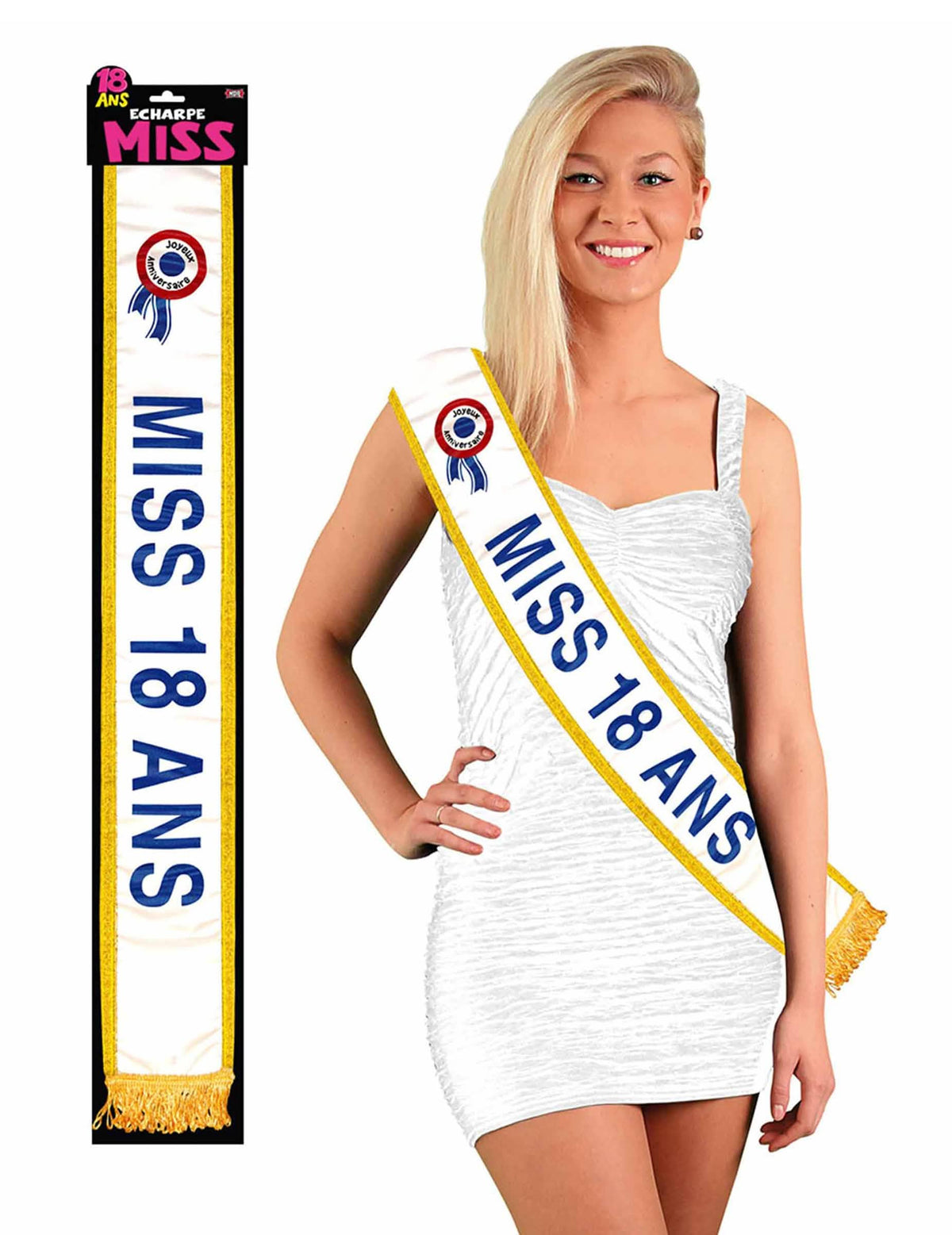 Echarpe Miss 18 años para mujer blanca y dorada