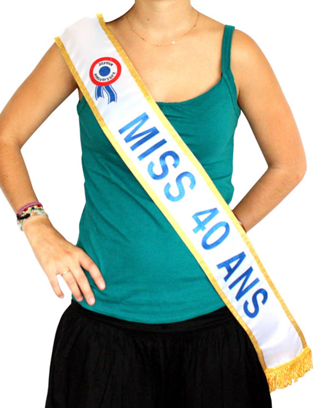 Echarpe Miss 40 años para mujer blanca y dorada con texto azul