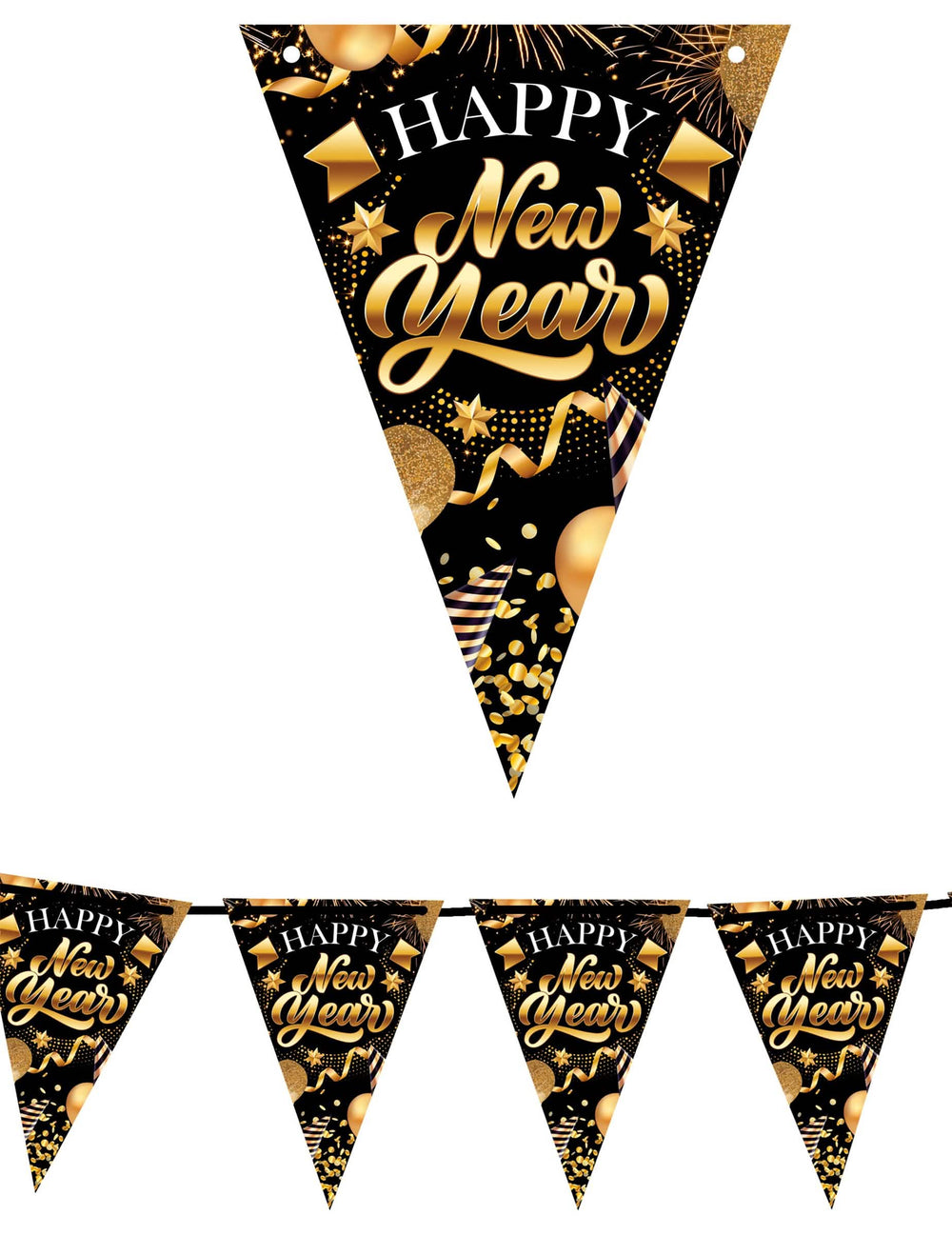 Guirlande à fanions en carton Happy New Year pour fête noir et or