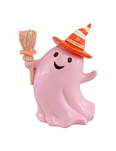 Fantasma de resina con escoba rosa pastel 15 cm
