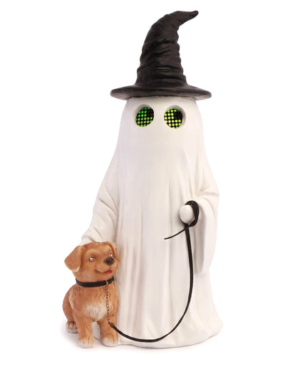 Fantasma decorativo Summerween de resina con sombrero puntiagudo, perro y ojos LED animados 23,5 x 20 x 45,5 cm