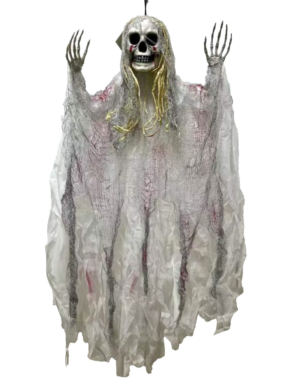 Faucheur sanglant suspendu pour Halloween blanc et gris avec mains de squelette ensanglantées