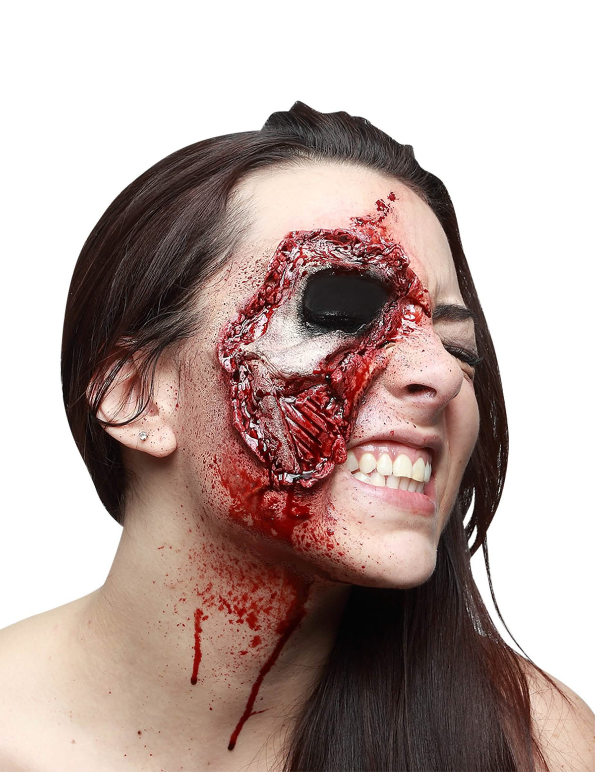 Herida falsa de piel facial arrancada halloween para adulto rojo y sangrienta