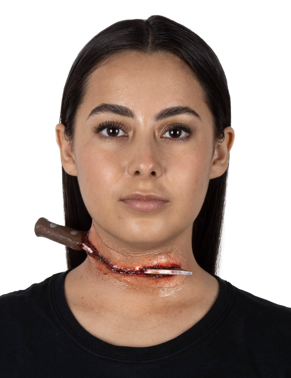 Herida falsa de cuchillo en el cuello para adulto, ensangrentada y realista