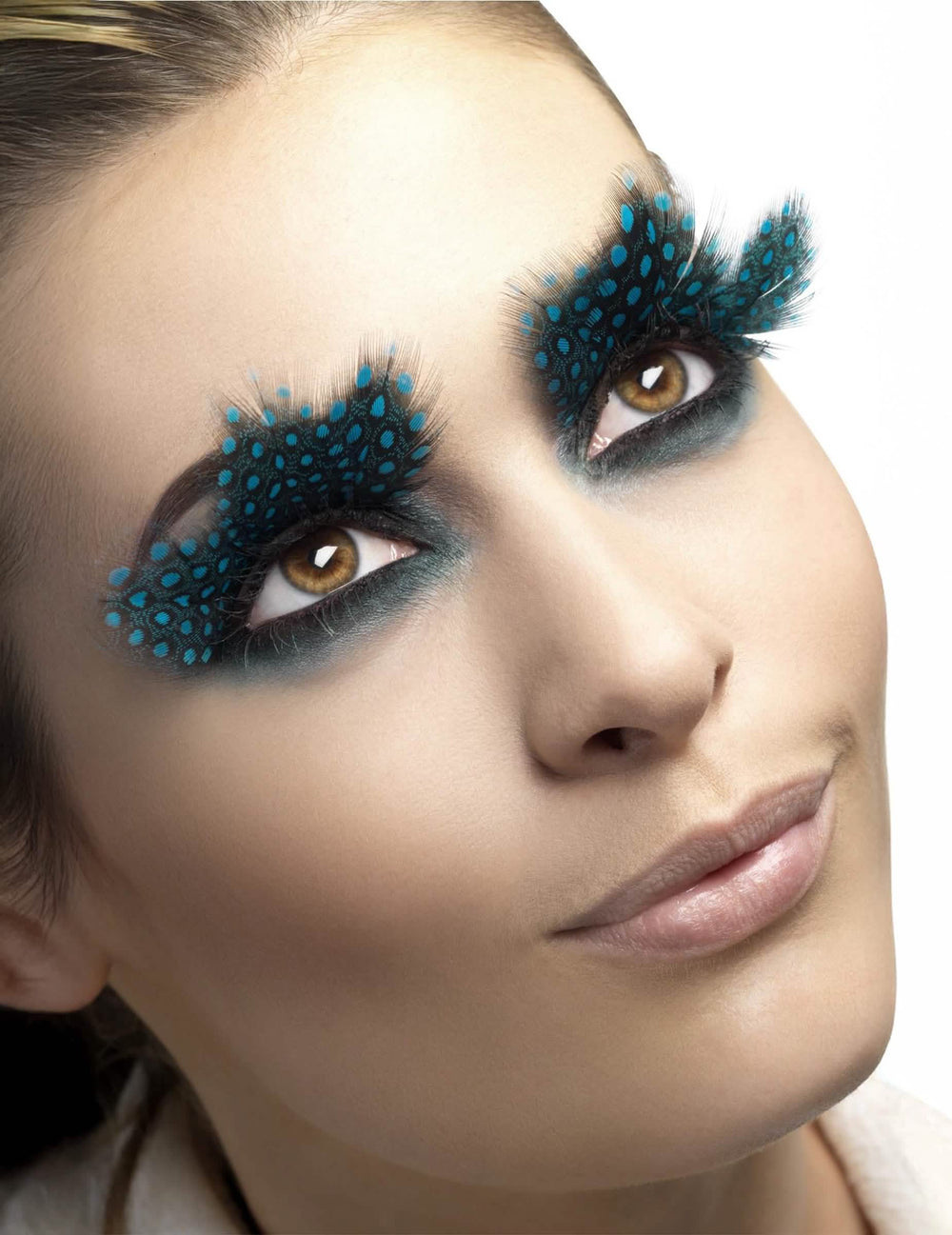 Pestañas postizas de plumas para adulto negras con lunares azules