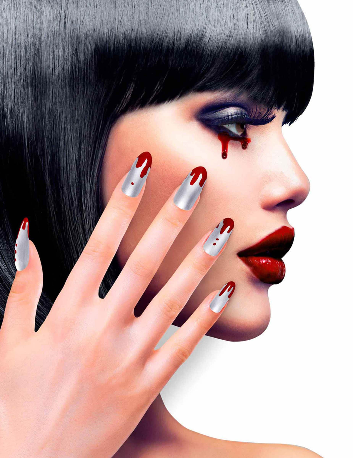 Uñas postizas adhesivas halloween para mujer plateadas ensangrentadas