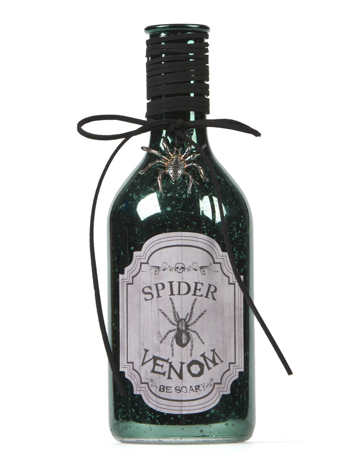 Fiala de veneno de araña para decoración de halloween verde con araña en relieve y cordón negro
