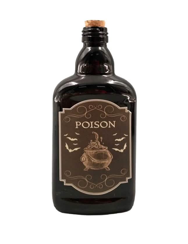 Flacon de poison pour Halloween noir avec étiquette chaudron et bouchon en liège