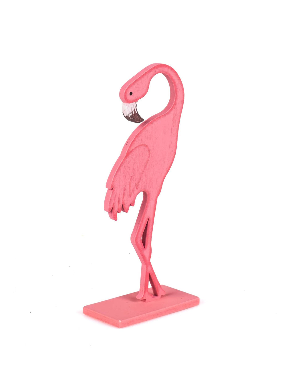 Vista de perfil del flamenco de madera sobre base para decoración rosa