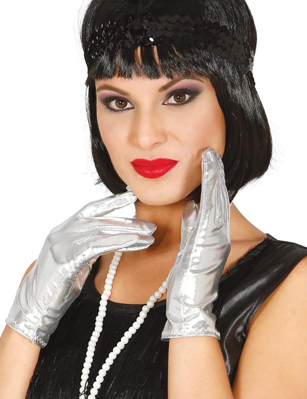 guantes cortos metalizados para mujer plateado