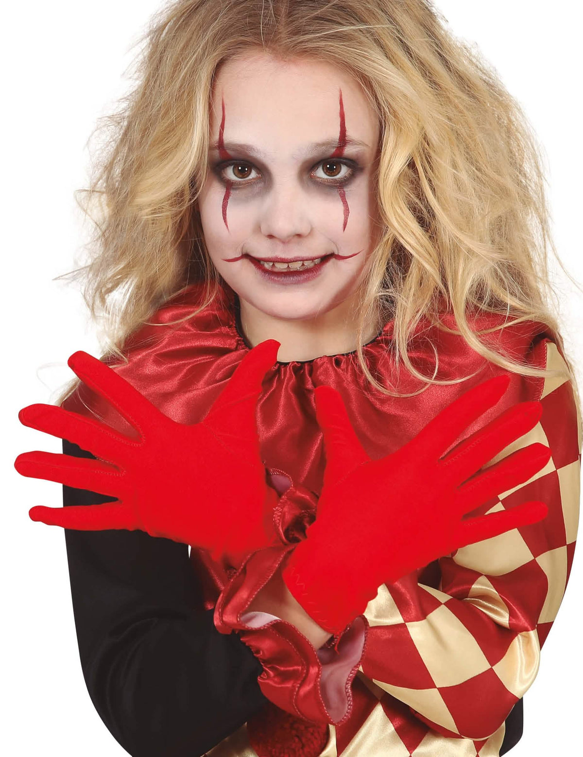 Vista de los guantes cortos rojos para niño