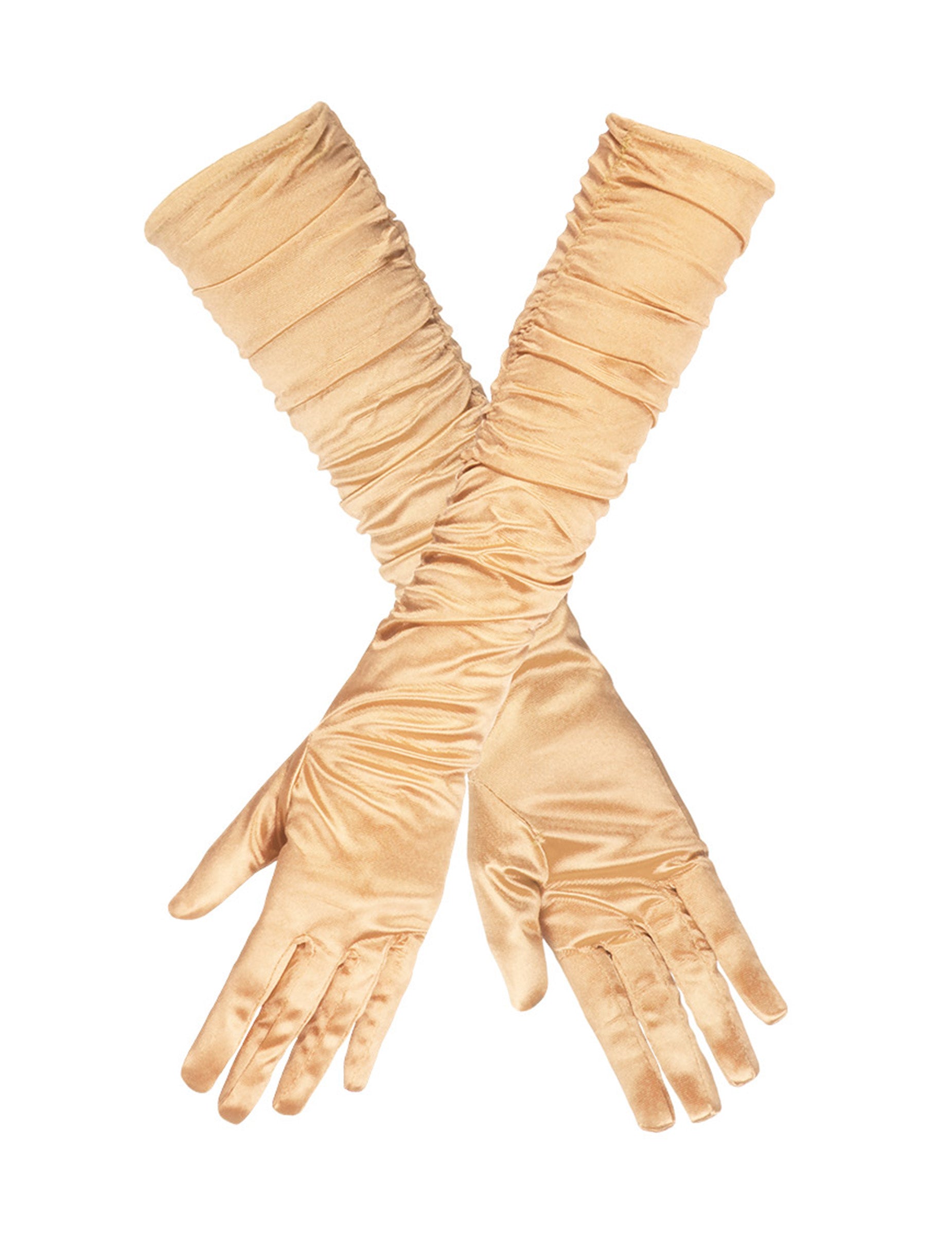 Vue des gants croisés des gants longs satinés pour femme dorés