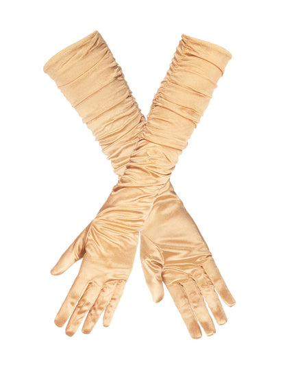 Vue des gants croisés des gants longs satinés pour femme dorés