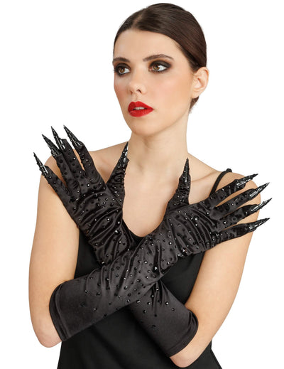 Guantes negros con strass y uñas postizas adulto