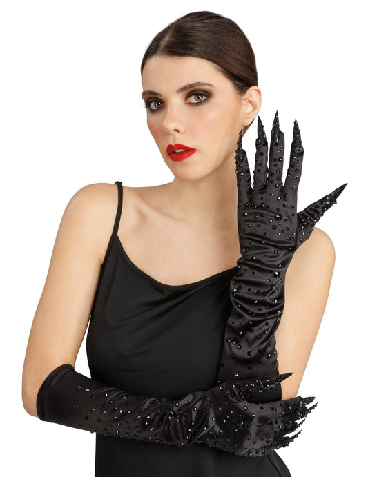 Guantes negros con strass y uñas postizas adulto