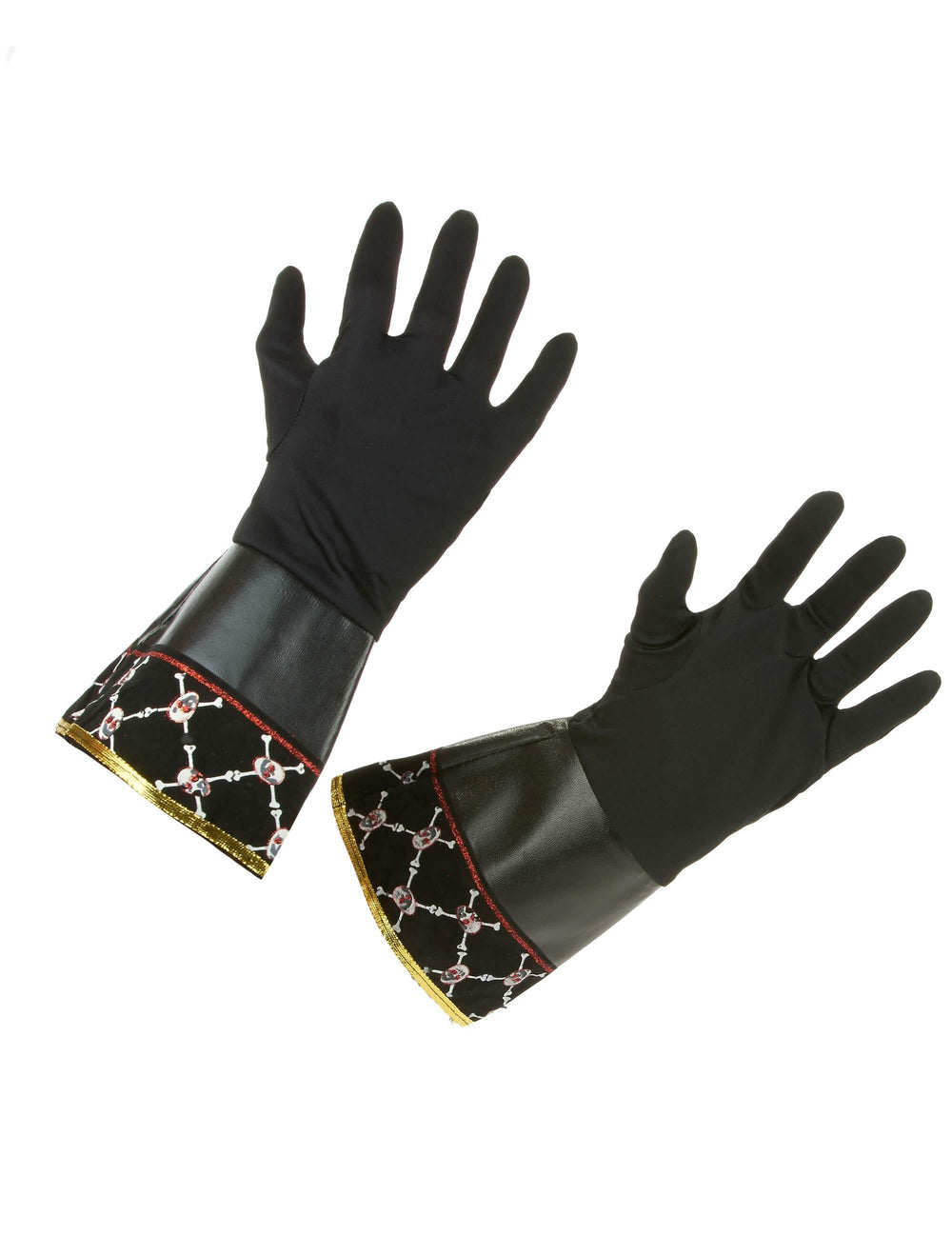 guantes pirata para adulto negros con puños con motivos de calaveras y adornos dorados