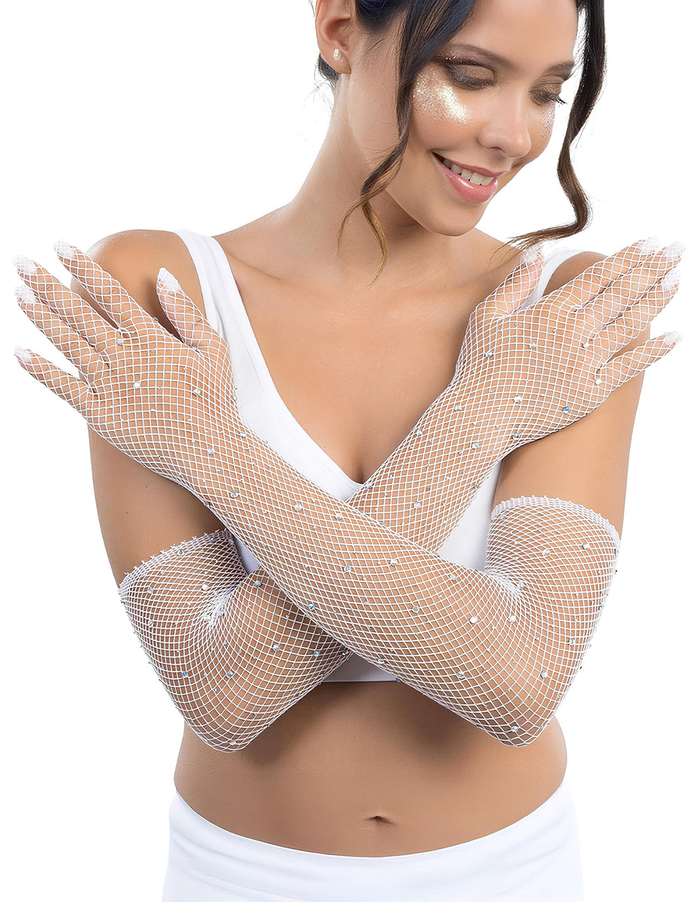Gants résille longs pour adulte blancs à strass