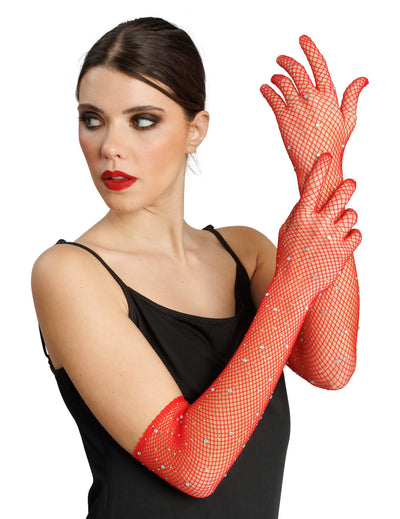 Guantes de rejilla rojos con strass adulto