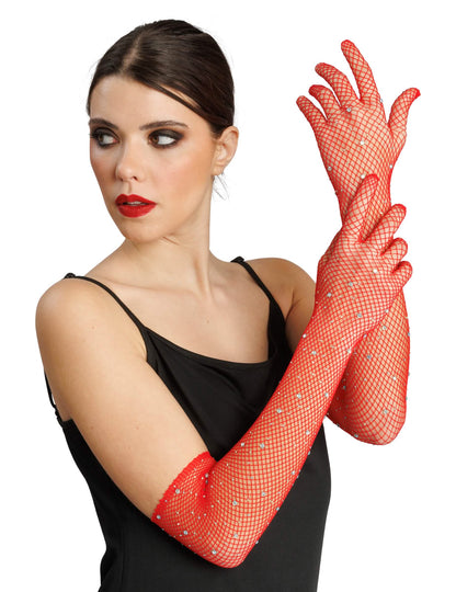 Guantes de rejilla rojos con strass adulto