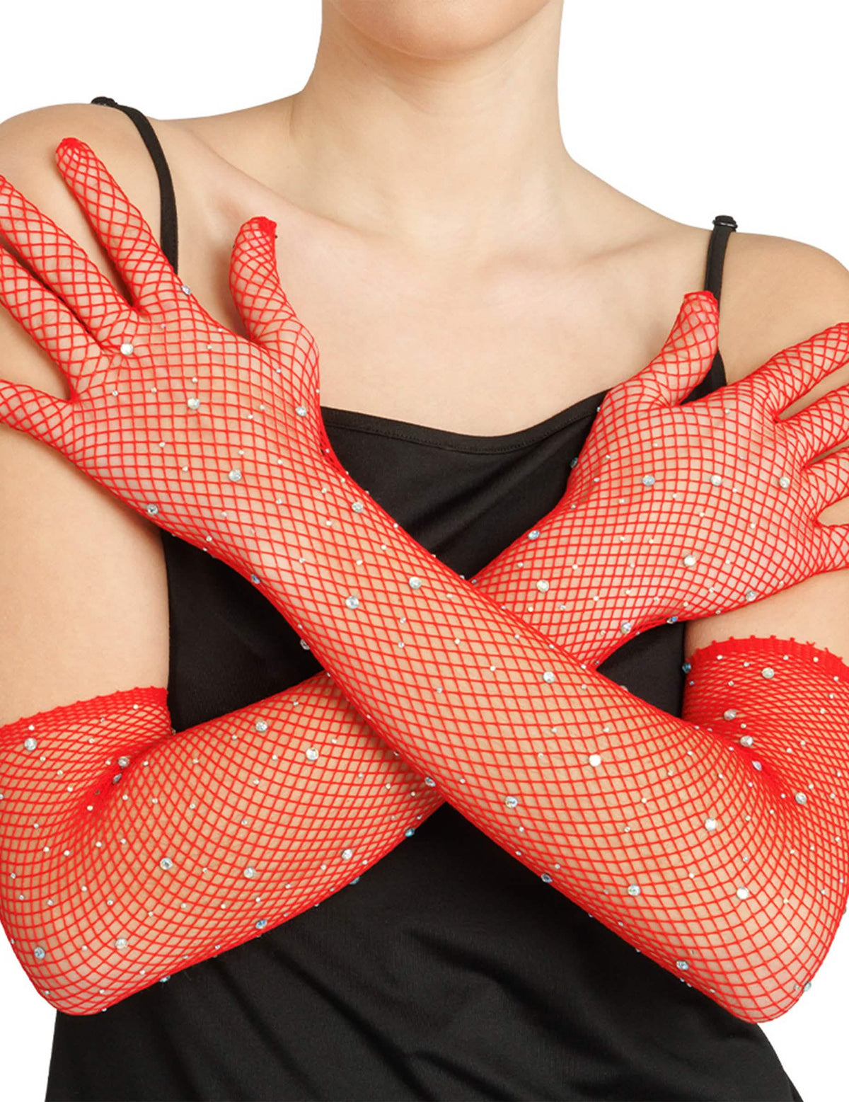 Guantes de rejilla rojos con strass adulto