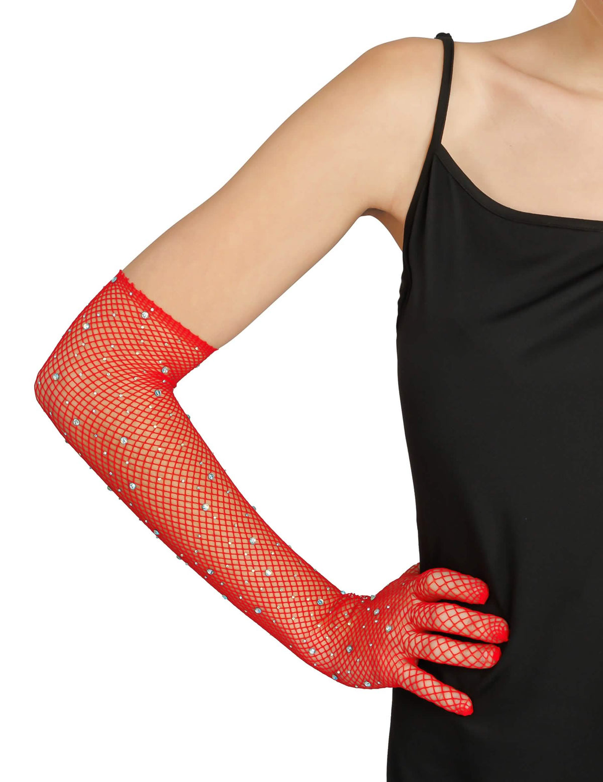 Guantes de rejilla rojos con strass adulto