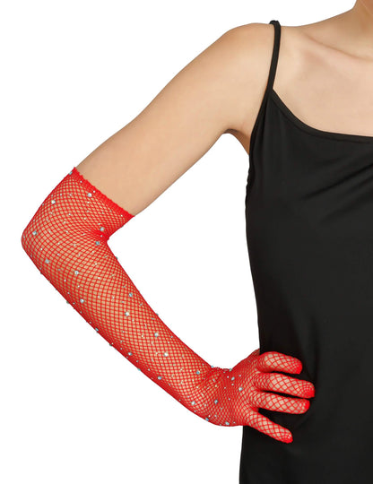 Guantes de rejilla rojos con strass adulto