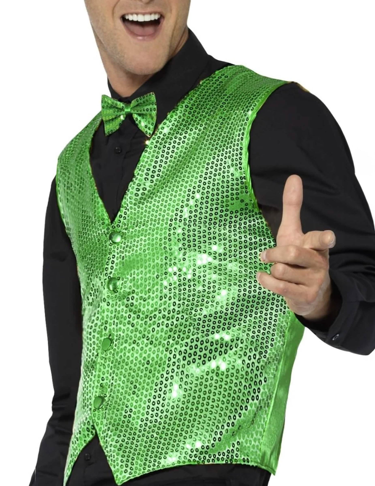 Gros plan sur les sequins et le nœud papillon du gilet à sequins pour adulte