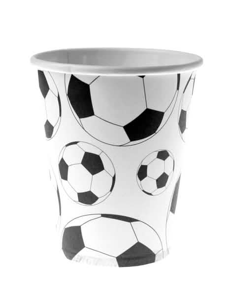 Vaso de cartón con balón de fútbol blanco y negro con motivos de globos