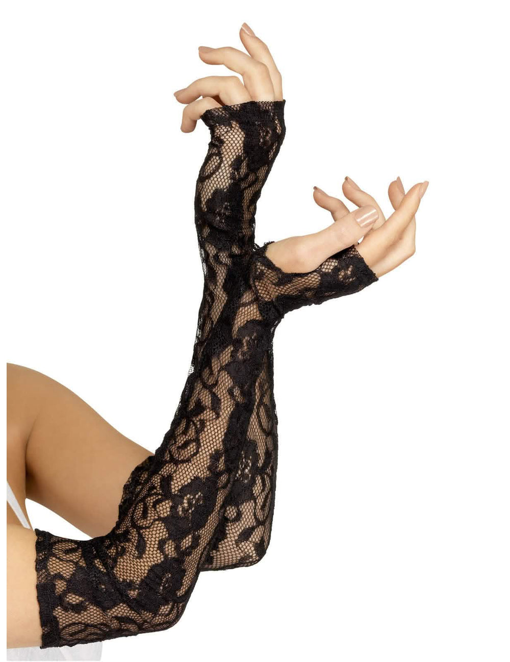 Detalle del encaje de los guantes largos de encaje para mujer negra