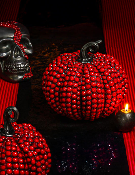 Grande calabaza decorativa de resina con perlas rojo sangre 24 x 22 x 21 cm