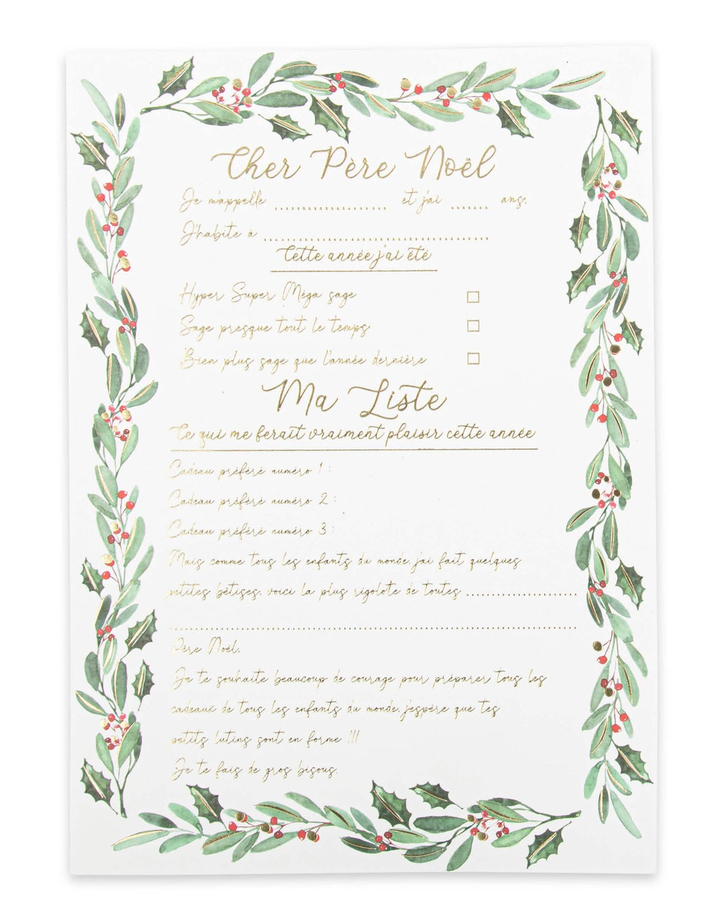 Lettre au Père Noël thème floral pour enfant blanc avec bordure de houx et écritures dorées