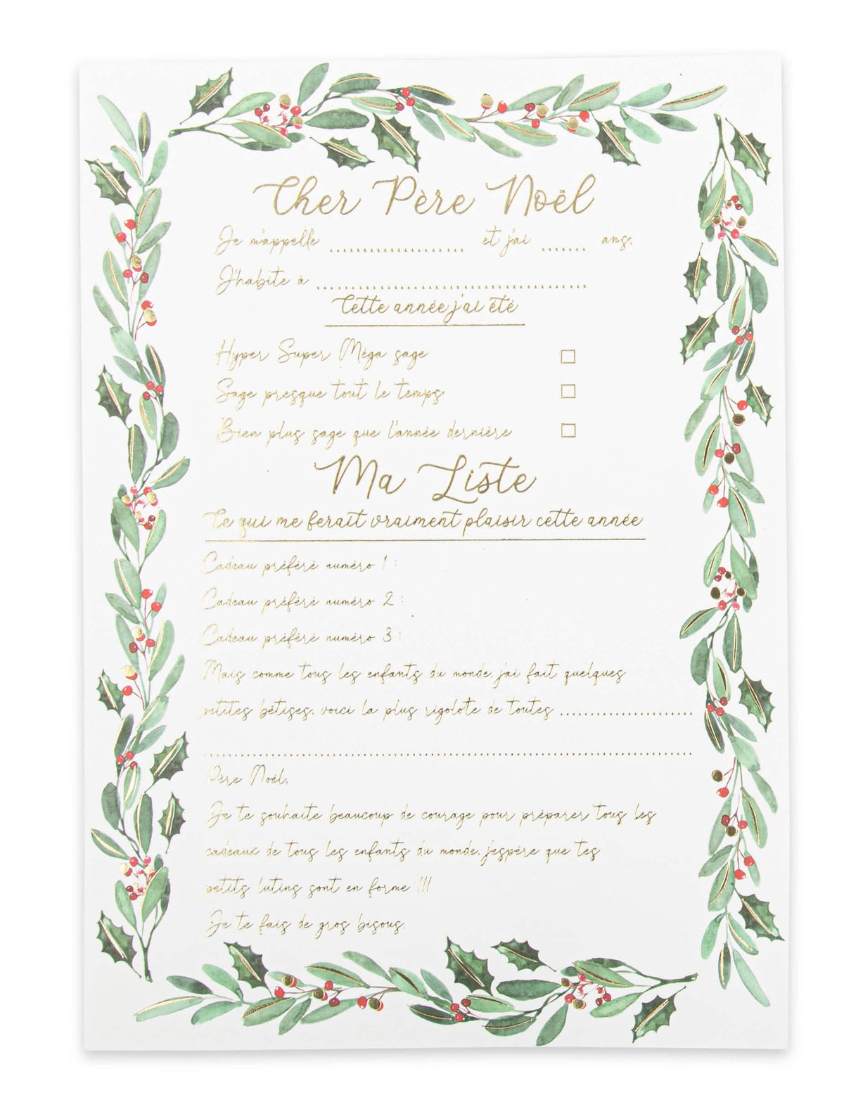 Lettre au Père Noël thème floral pour enfant blanc avec bordure de houx et écritures dorées