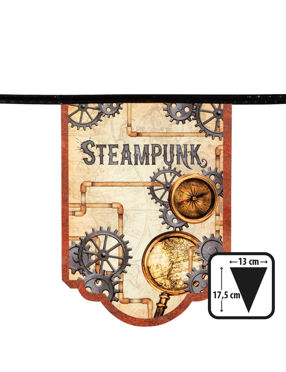 Detalle de las dimensiones de un banderín de la guirnalda 11 banderines de cartón steampunk