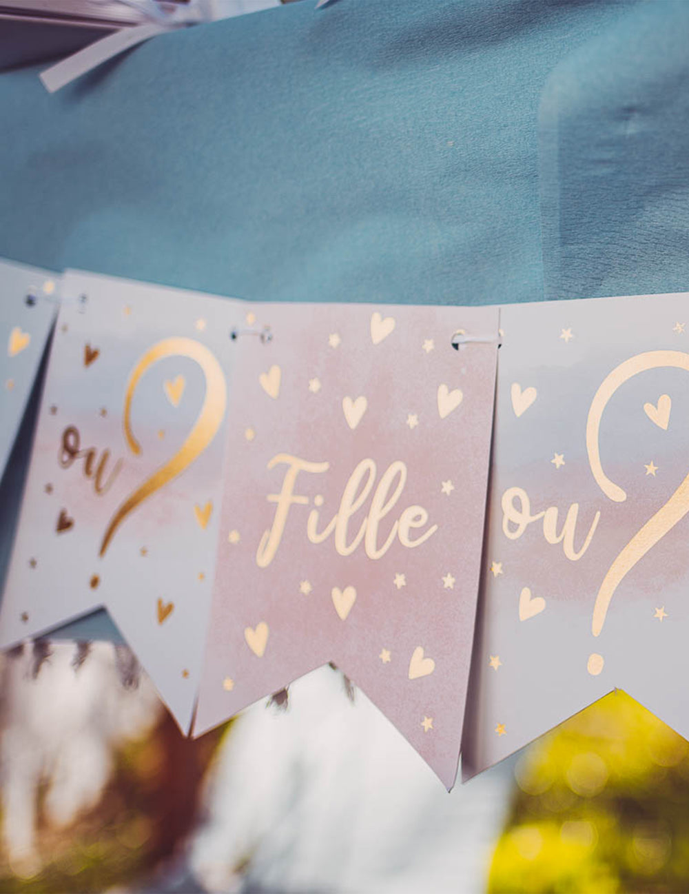 Détail de l'inscription dorée de la guirlande 11 fanions fille ou garçon pour gender reveal