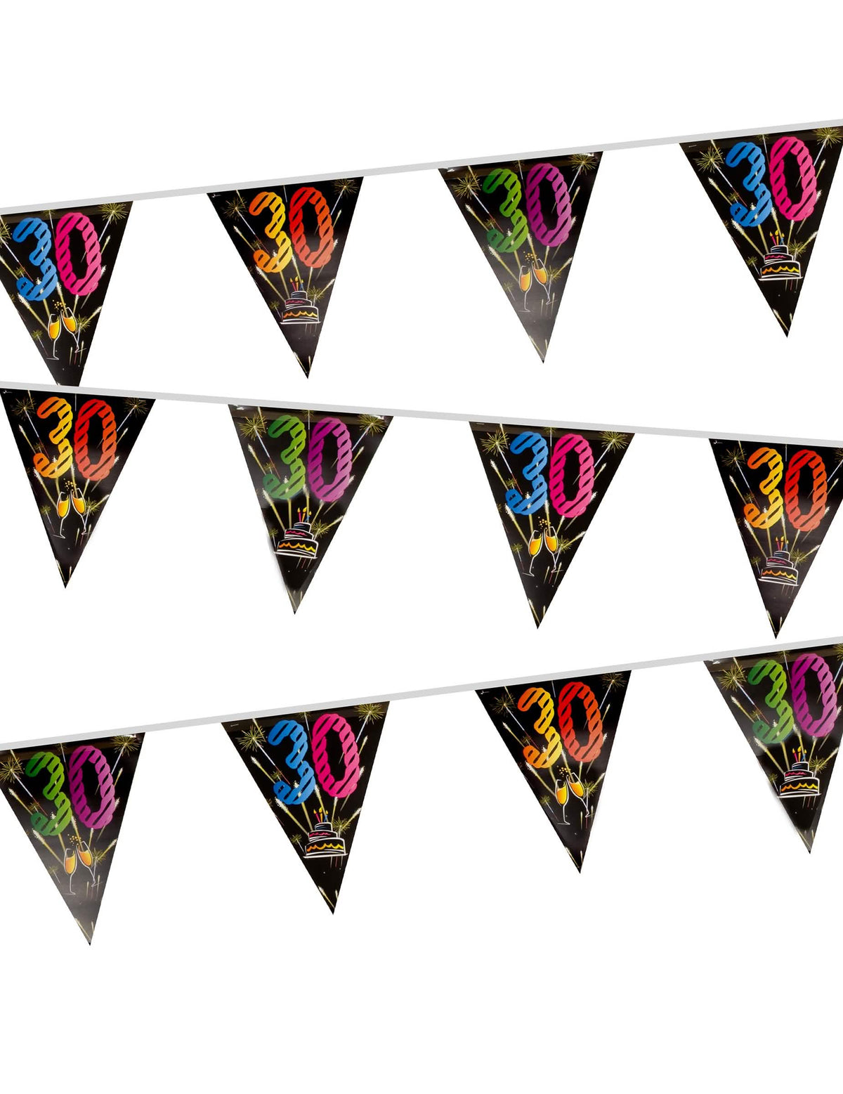 Guirnalda 20 banderines de plástico 30 años fuegos artificiales para cumpleaños negro y multicolor 7 m