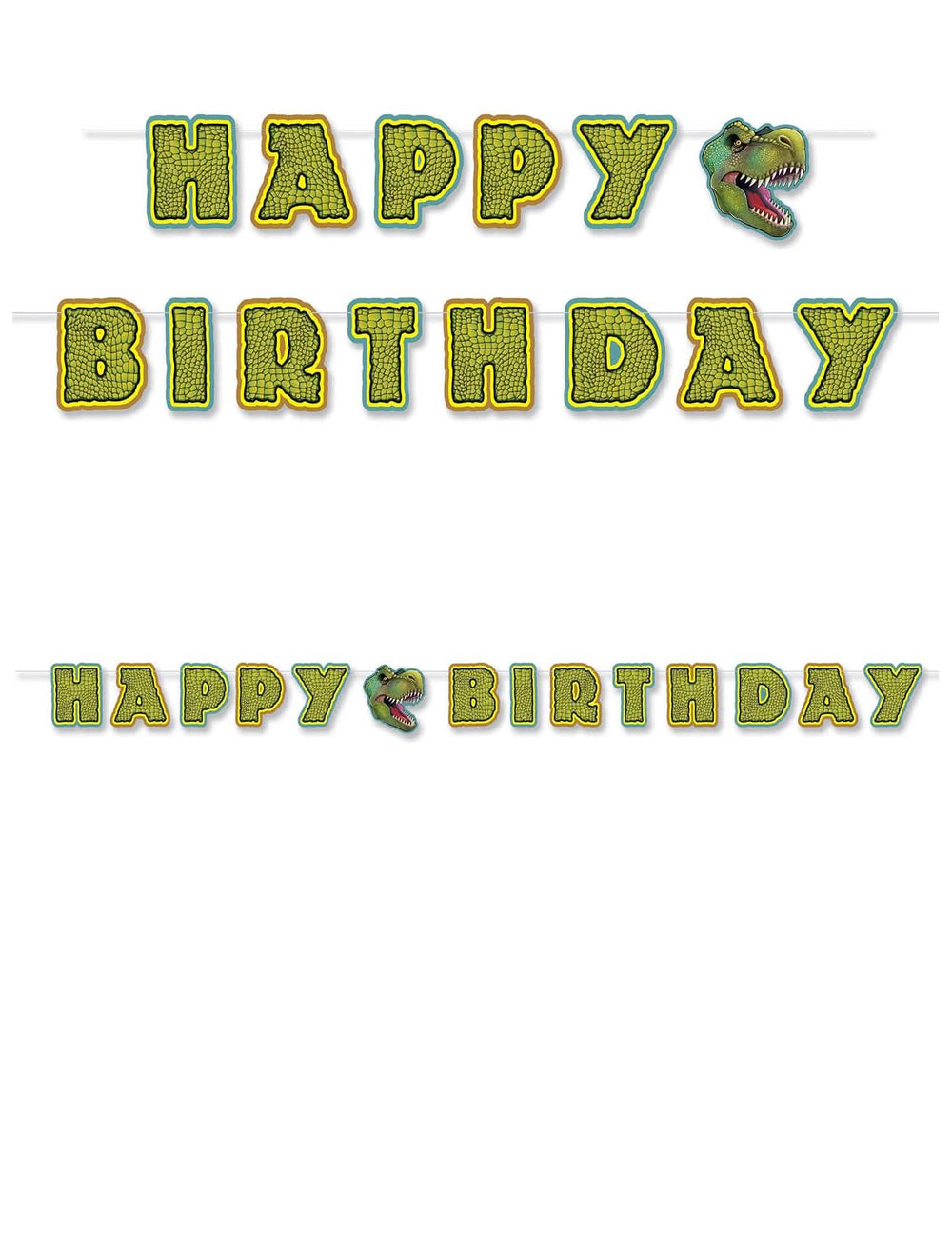 Guirnalda para montar Happy Birthday tema Dinosaurios verde y amarillo con cabeza de T-Rex