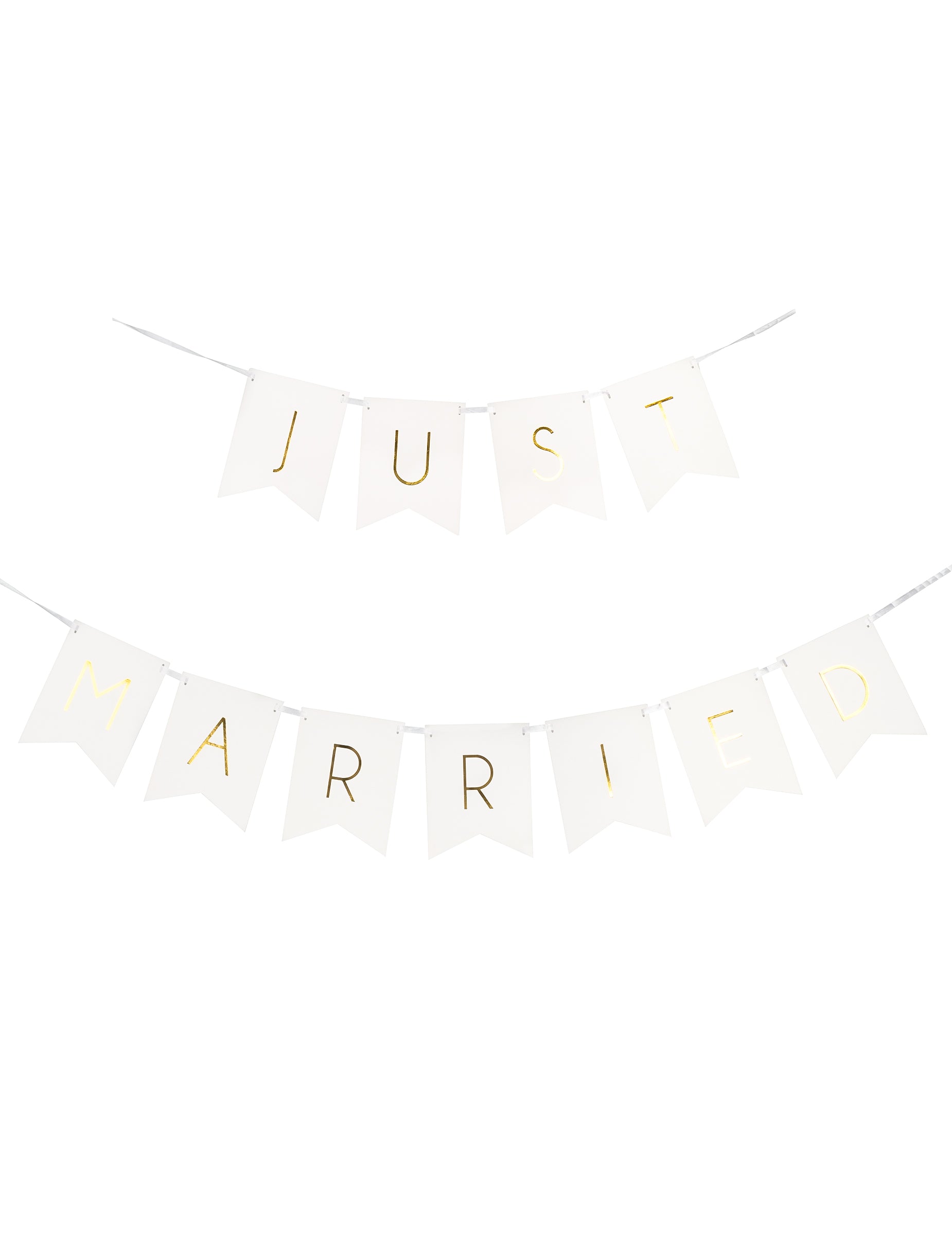 Vue de face de la guirlande à fanions Just Married pour mariage blanc et or en carton