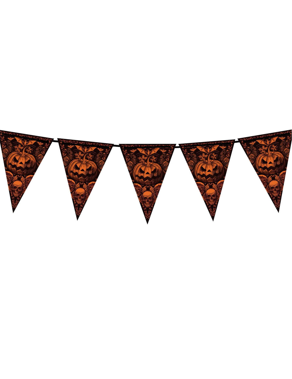 Guirlande à fanions citrouille gothique orange et noire avec têtes de mort et chauves-souris