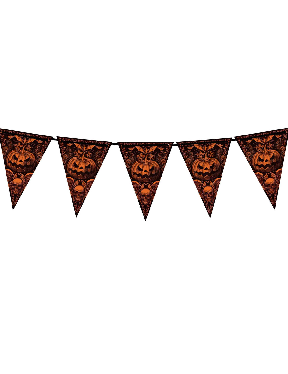Guirlande à fanions citrouille gothique orange et noire avec têtes de mort et chauves-souris