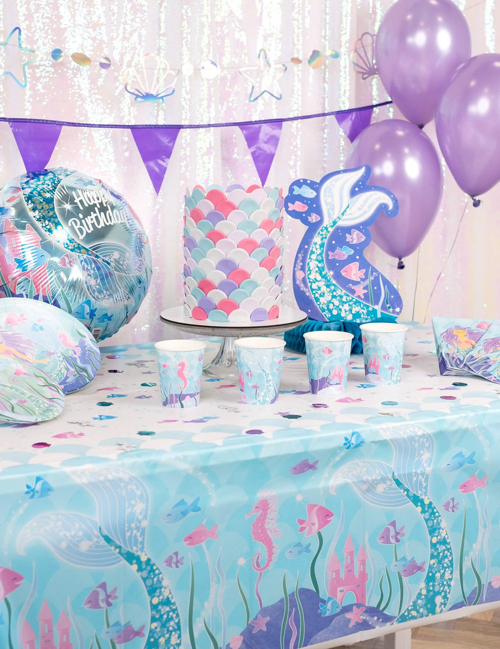 Decoración de cumpleaños tema sirenas de la guirnalda con mini banderines violeta