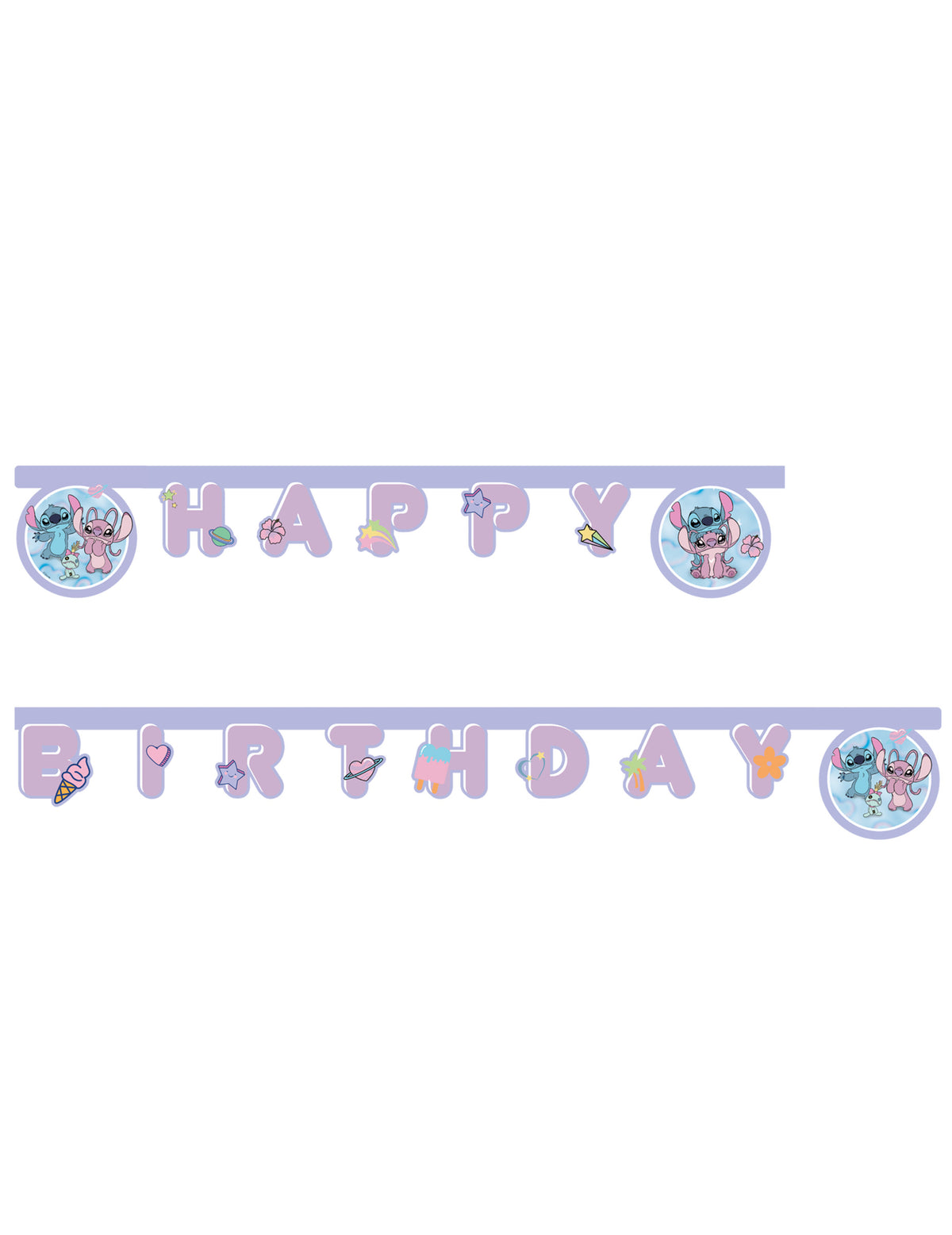 Guirnalda articulada Happy Birthday Angel y Stitch morado