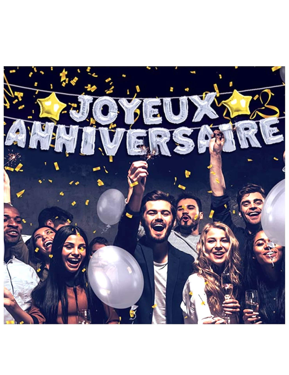 Mise en situation de la guirlande ballons Joyeux Anniversaire argentée