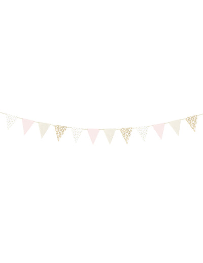Guirlande de fanions en carton à motifs dorés pour fête rose et blanche